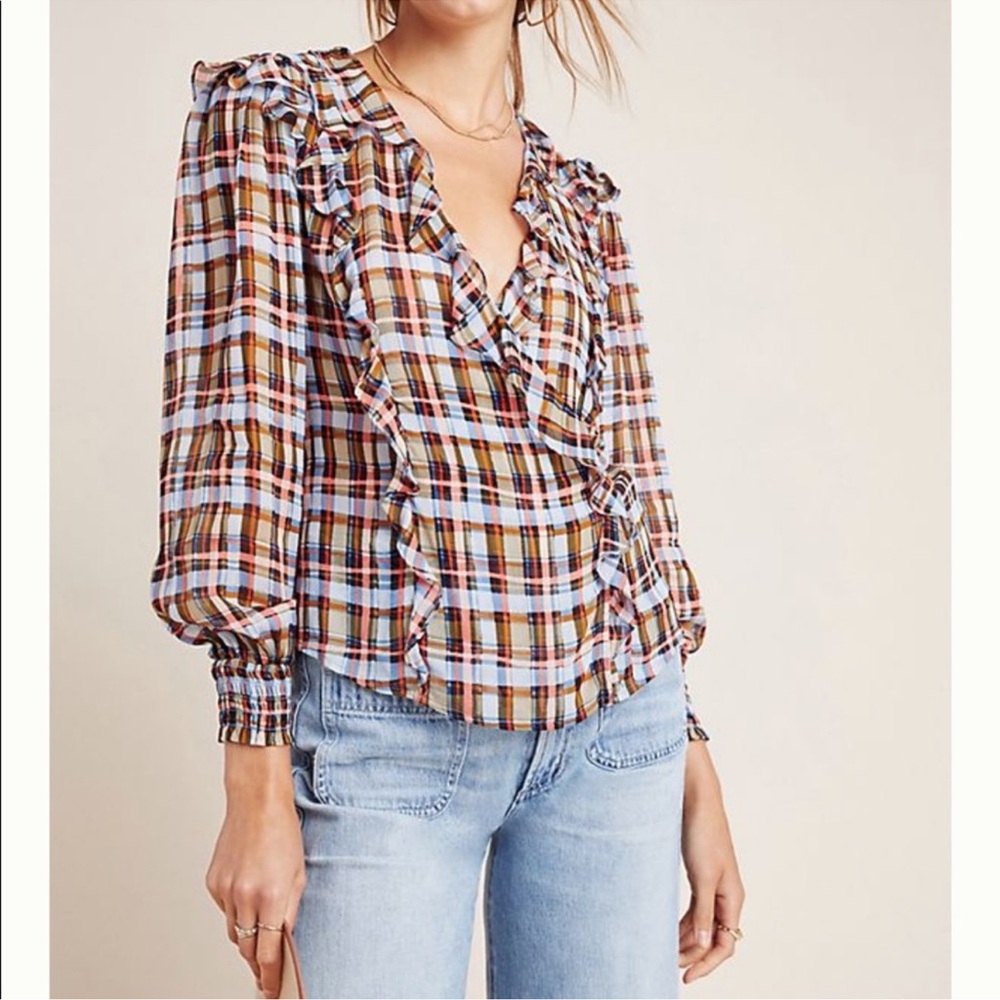 Maeve by Anthropologie Laila Ruffled Plaid True Wrap Blouse, Size 10
